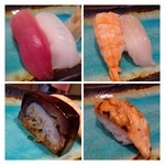 Sushi Kouduma - 鮪・イカ・海老・松前鮨・・ネタはこのお値段ですからお味は普通ですけれど大きいですね。
                        ただ「にぎり方」が柔らかすぎて、少々食べづらい・・