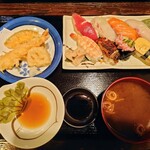 居酒屋もっこす - 料理写真:令和6年10月 ランチタイム(11:00〜14:00)
寿司天ぷら定食 税込990円
寿司盛り8貫、ミニ天ぷら(海老1本、野菜3種)、赤出汁