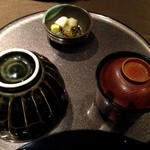 船山温泉 - お茶碗、わらびのお吸物、香の物