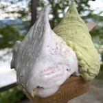 安富牧場 ファミーユ - ジェラートW¥600(ブルーベリーチーズ、ピスタチオ)　あっさりしている。この日は牧場の匂いがかなり強かった