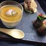 Uzumaki - 冷やし豆乳茶碗蒸し、カレイのあられ揚げ空豆ソース