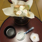 北瑞苑 - 焚合せ　太刀魚　冬瓜　京水菜　揚豆腐　まこも茸　