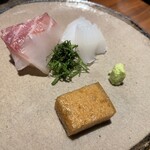 茅乃舎 - お造り　手前が醤油ムース