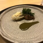よこい - 鮑の天ぷらと肝ソース