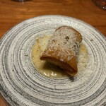 luogo - 千葉カマス　マッシュルームの春巻き　マッシュルームは長谷川さんのもの。　ベニズワイガニ