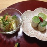 あす香 - ゆでキャベツの湯葉まき
クズキリと春キャベツ、タマネギ