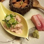 旬味漫菜 ひろ幸 - 刺身三種（バフンウニ、中トロ、カワハギ肝ポン酢）
