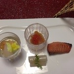 Ryoutei Kamezaki - 前菜<鮭の味噌かす漬け焼き,海老の糠漬け-たらこイクラ和え,アジ南蛮漬け,うど煮>