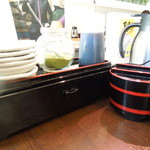 Sushiichiba - 左の箱にはお箸、その上には取り皿とお茶の粉、醤油、右の器には生姜、奥にはお湯の入ったポット