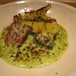 神保町 傳 - 木の芽味噌焼き、筍、独活、赤蒟蒻、蓬麩、蕗味噌パン1