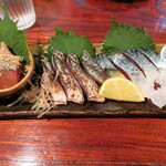 きはるの胡麻鯖や - 三点盛（泳ぎサバ刺し、炙り鯖刺し、胡麻サバ）