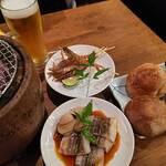 魚や 旬平 - 七輪焼き どんこ椎茸、アナゴ、ホタテ貝柱、モサエビ