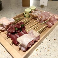新福島焼鳥 B3 - 右下よりせせり、むね、やげん、ズッキーニ。
                    左下よりもも（甲州地どり）、砂ずり、ハツ、手羽。
                    