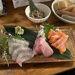 一気 - おまかせ刺身もり（3種）、いかなめろう、おでんもり