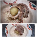 奈良屋町 青 - ＊焼き茄子を秋刀魚で巻いてあるので、ボリュームがあります。 秋刀魚の内臓を使用したソースに栗の甘みが加わり、お口の中が「秋爛漫」。