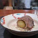 奈良屋町 青 - 秋刀魚と焼き茄子、下には削った栗