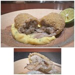 奈良屋町 青 - ＊中にはタップリの松茸スライスが入り、濃厚な味わいのベシャメルソースと共にコロッケにされています。 でも、くどくなく松茸の旨味を感じ美味しいですね。♪