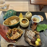 よし澤 - 八寸　落花生豆腐　春菊とエノキのおひたしイクラ添え　焼き芋のすり流し　カマスの棒鮨・揚げ松茸・焼き栗・銀杏　あん肝・奈良漬