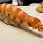 すしやのたい悟 - 車エビ（他に何か食べられないというのでは勿論なしに、差し替えをお願いしました）　鮓の季語季題は夏。