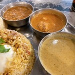 南インド料理店 ボーディセナ - カレー3種
      ・辛口　フィッシュクルマ
      ・中辛　ハイデラチキンバードカレー
      ・甘口　ミックス豆カレー
