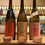 地酒と旬の味 ききや - ○ 利き酒三種 1,500円/税込
・鍋島 Harvest Moon ひやおろし 特別純米酒
・辛口純米吟醸生詰原酒 無想 守拙
・會津 宮泉 純米吟醸 福乃香 火入