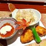 270677626 - イクラ味噌漬けクリームチーズ掛け、絹かわ茄子ソーメン、クエザンギ