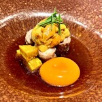 おい河 - マコモタケの牛肉巻き雲丹のせ、ファフィ卵、かぼちゃ