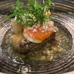 カーサ・デル・チーボ - 奥津軽いのしし牧場さんの猪バラ肉のストラコット　チッポラータと緑の一番星の卵黄