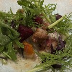 MANO - ・からし菜とオゼイユ
      ・様々な根菜
      （南瓜・里芋・長芋・蓮根・生落花生・ビーツ）
      ・はしばみのミルクと自家製じゃがいも白味噌のソース（行者にんにくオイルを垂らして）
      ・蕪の塩揉み