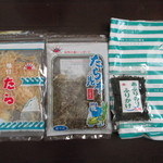 マルハヤ - ｵｰﾛﾗ印の味付けたら（左）・たら昆布（中央）・あぶりのりふりかけ（右）