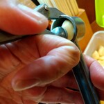 らーめん あお屋 - カウンターに備え付けの生ニンニクを搾る器具に悪戦苦闘中（笑）