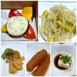 270977443 - ◆焼き野菜 ◆モヤシナムル ◆わさびとフライドオニオン ◆カクテキ・・もやしナムルと共に、もう少し量が欲しいかしら。(^◇^;)