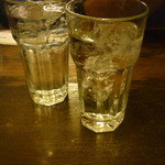 焼酎（麦）達磨六条大麦水割り一杯目、友人も同じものを