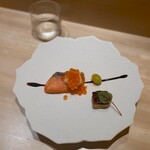 恵比寿 鮨 はつめ - 富士山サーモンと栗麩田楽