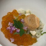 真白 - ・木の芽　花紫蘇
      ・カワハギの肝、いくら（柑橘の香りをつけて）
      ・カワハギのリゾット（与謝野米）