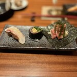 奥新 鮨屋のうおきん - 握り　真鯛、鯵のガリ巻き、中トロと海ぶどう手巻き