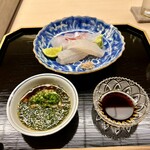 道人 - 淡路島 真鯛 当日〆と淡路島 丸ハゲ 当日〆 のお造り 新潟 藻塩と山葵と醤油と丸ハゲ肝入りポン酢と共に