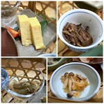 味楽寿司 - ＊玉子焼き、おきゅうと、蕗かしらの煮物、じめじとクラゲの中華風、他にワカメときのこの辛子味噌和えもありました。