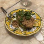 アンティーカ・ピッツェリア・ダ・ミケーレ 恵比寿 - 青トロナスの燻製モッツァレラオーブン焼き豚バララグーソース