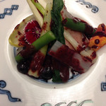 柏屋旅館 - 陽春野菜と合鴨のサラダにブルーベリーソースをかけていただきます。 2014.05