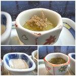 旬や みなくち - ＊焼き茄子、揚げた桜海老のせ。冷たい食感が心地いい品。 ＊山芋のお料理 ＊もずくは、酢加減が優しく好み。