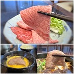 旬や みなくち - ＊このサシ、、間違いなく美味しいでしょう。 割り下にくぐらせ、生卵を漬けていただくとお肉がとろけ、とても美味しいですね。(*´v｀) 割り下も甘さが程よくいいお味でした。