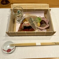 魚と炭と鉄板と ととと - 前菜盛り合わせ(セリの白和・南京羊羹・合鴨ロースのクリームソースがけ・秋刀魚生姜煮・栗の渋皮煮・生麩・銀杏）