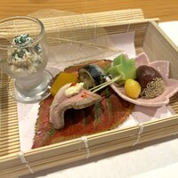 魚と炭と鉄板と ととと - 前菜盛り合わせ(セリの白和・南京羊羹・合鴨ロースのクリームソースがけ・秋刀魚生姜煮・栗の渋皮煮・生麩・銀杏）