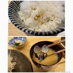とんかつ神楽坂さくら - 上 ご飯にお焦げが見える
下 味噌汁に5粒の小さなしじみ