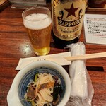 山利喜 - サッポロラガービール(大瓶)(715円→360円)、お通し(330円)