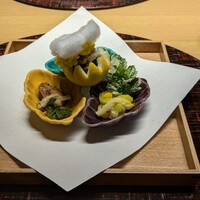 日本料理 木の花 - 色々前菜　菊に綿は重陽の節句「着せ綿」だそう