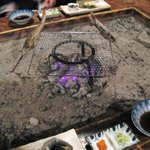 白い小屋 - 囲炉裏にはイワナが焼けています
