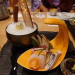 やど紫苑亭 - カニ刺し、くえ、さわら、まぐろ