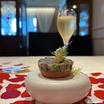 プチレストラン ブーケ・ド・フランス - Codorníu Cuvée Clasico Organic Secと秋刀魚のプレッセに焼茄子のピュレのタルトレット